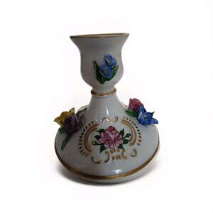 Vtg Dresden Porcelain Candle Holder Gold Trim Floral